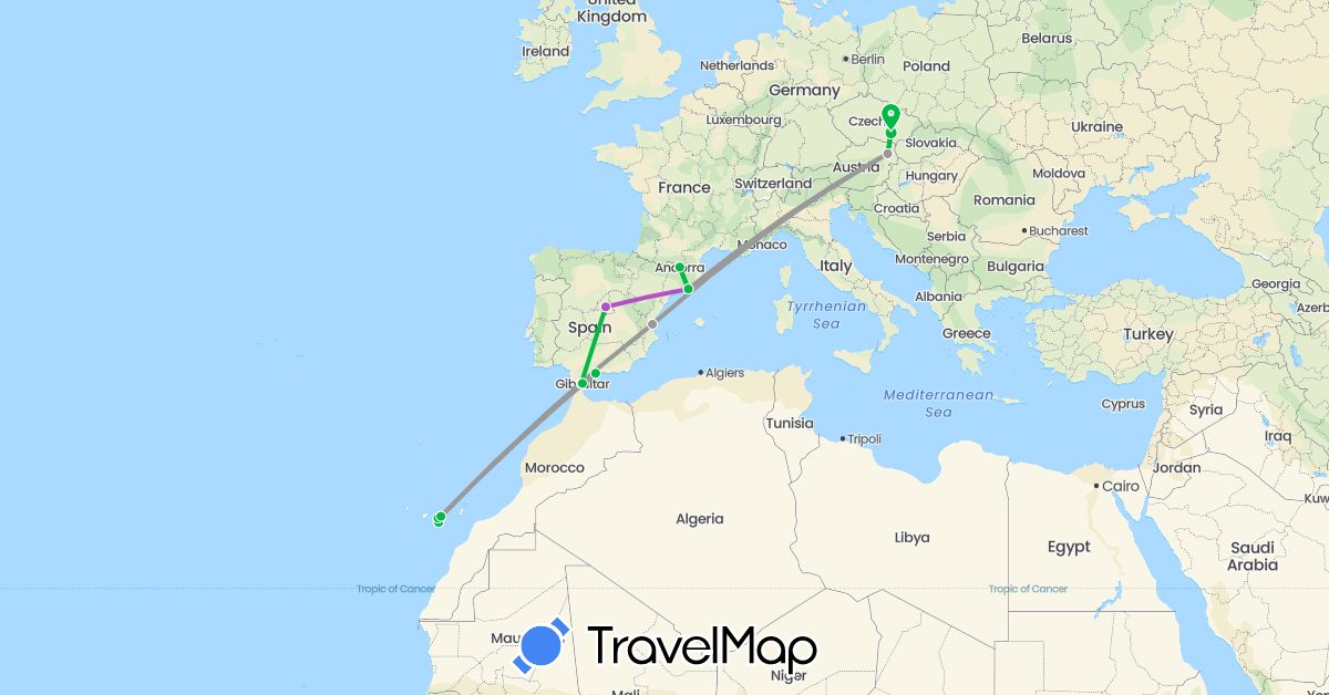 TravelMap itinerary: driving, bus, plane, train in Andorra, Austria, Czech Republic, Spain, Gibraltar (Europe)